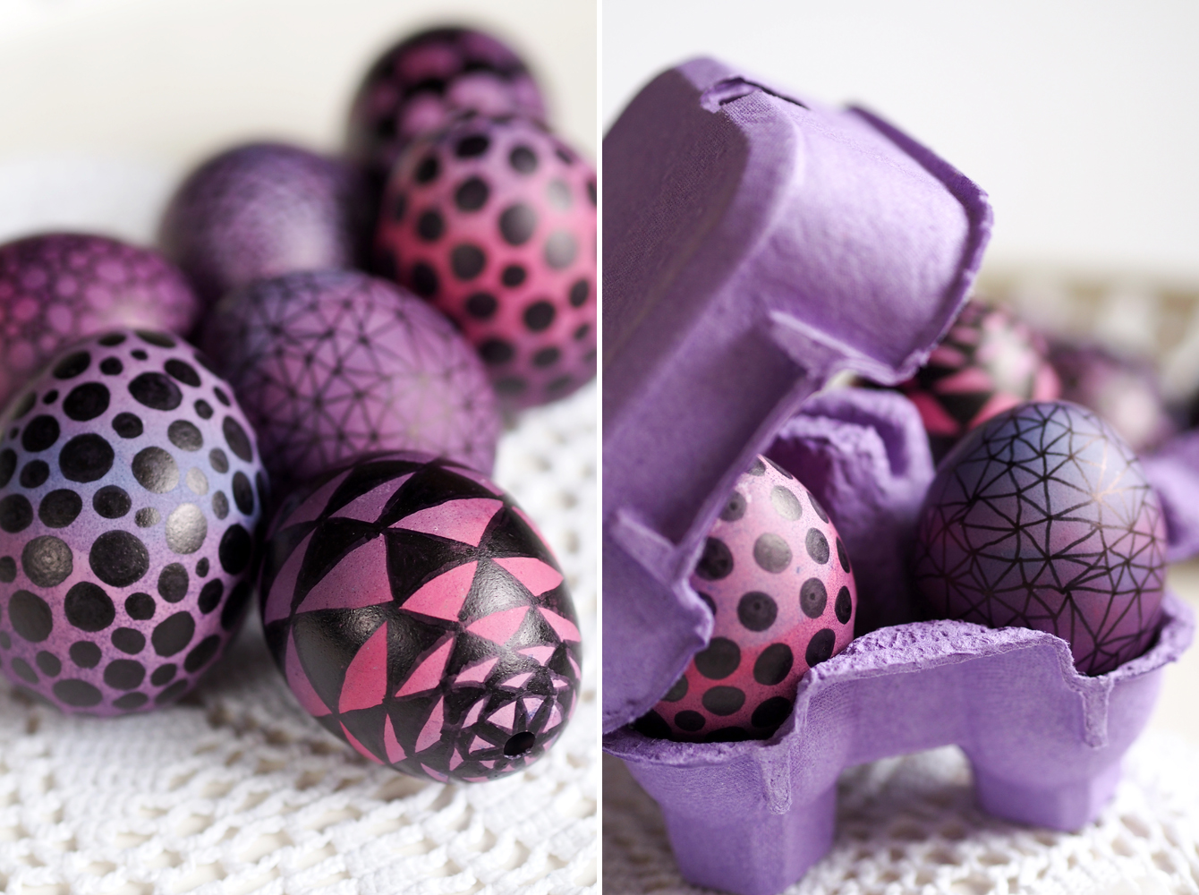 Pink-lila Ombre-Ostereier mit geometrischen Mustern / Pink and purple ombre easter eggs with geometrical patterns - "Fee ist mein Name"