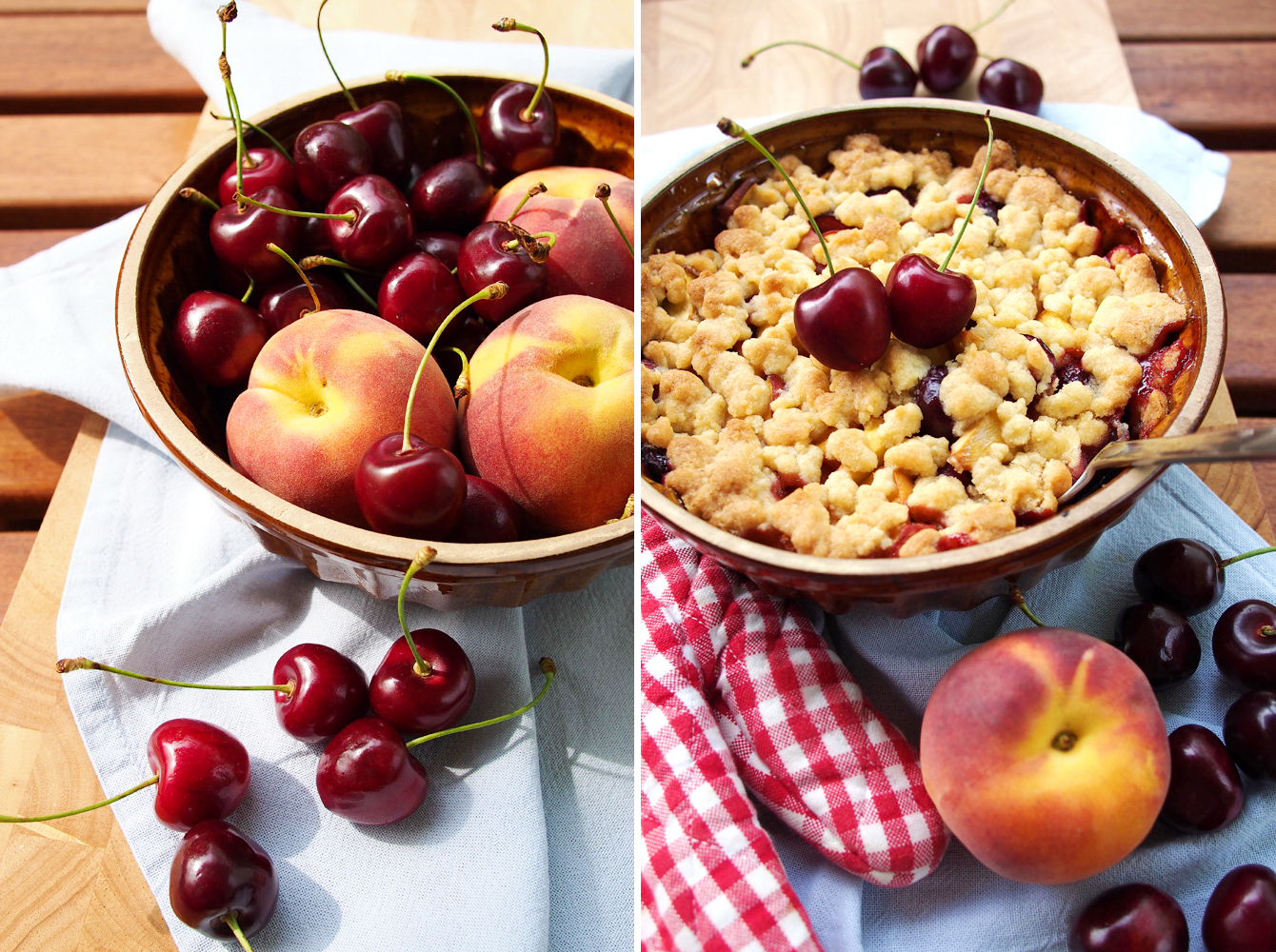 Pfirsich-Kirsch-Crumble mit Rumnote und Butterstreuseln // Peach and cherry crumble with a hint of rum and buttery streusel - "Fee ist mein Name"