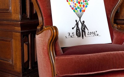 Hochzeits-DIY: Fingerabdruckbild mit fliegendem Brautpaar an riesiger Luftballontraube - "Fee ist mein Name"