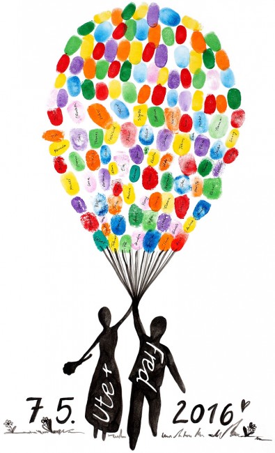 Hochzeits-DIY: Fingerabdruckbild mit fliegendem Brautpaar an riesiger Luftballontraube - "Fee ist mein Name"